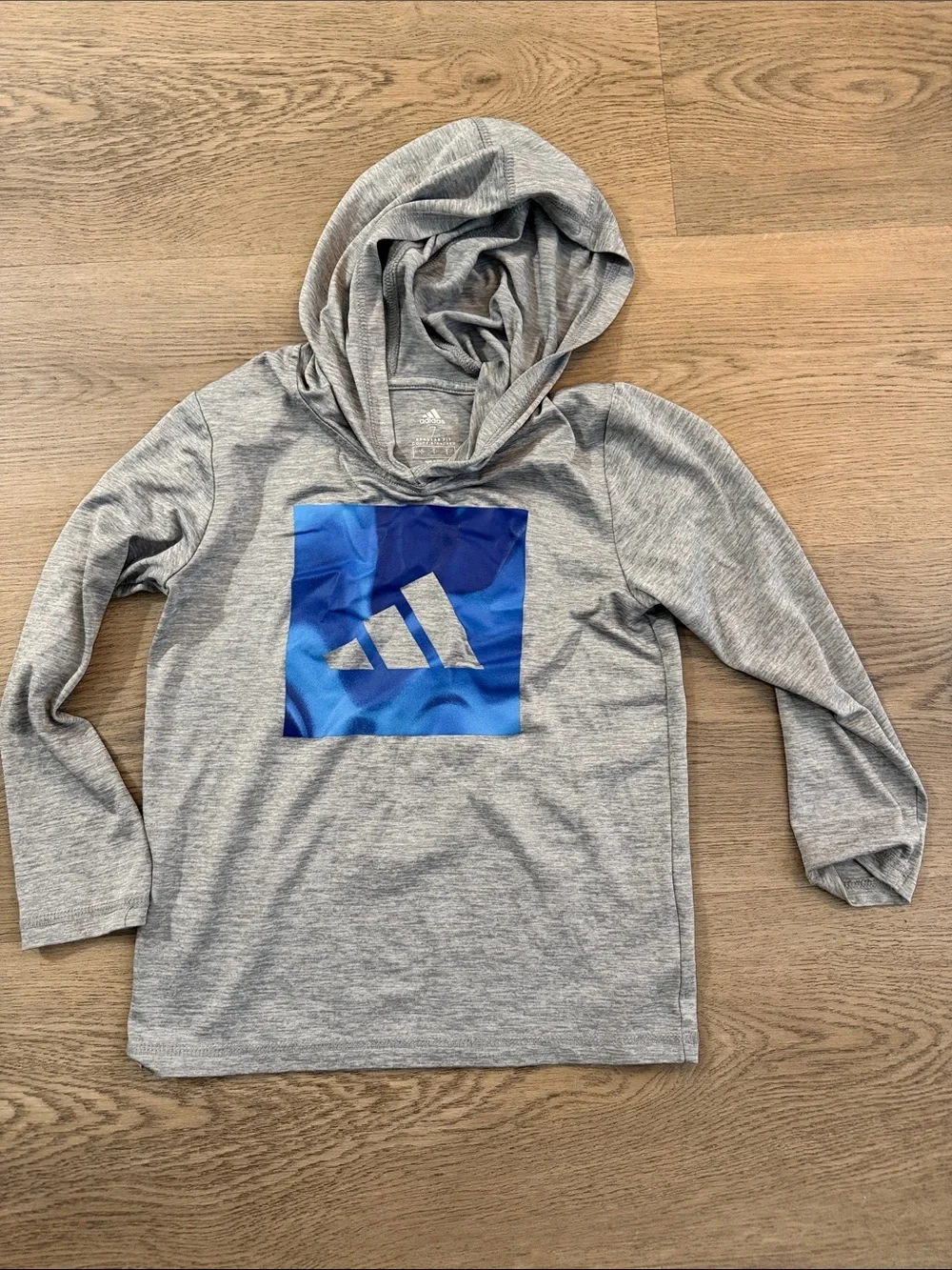 adidas Gray lightweight/dry fit Hoodie with Blue Logo Square Graphic